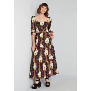 ModCloth Abstract Print Tiered Maxi Dress Square Neck Belted Pockets Black 10241
